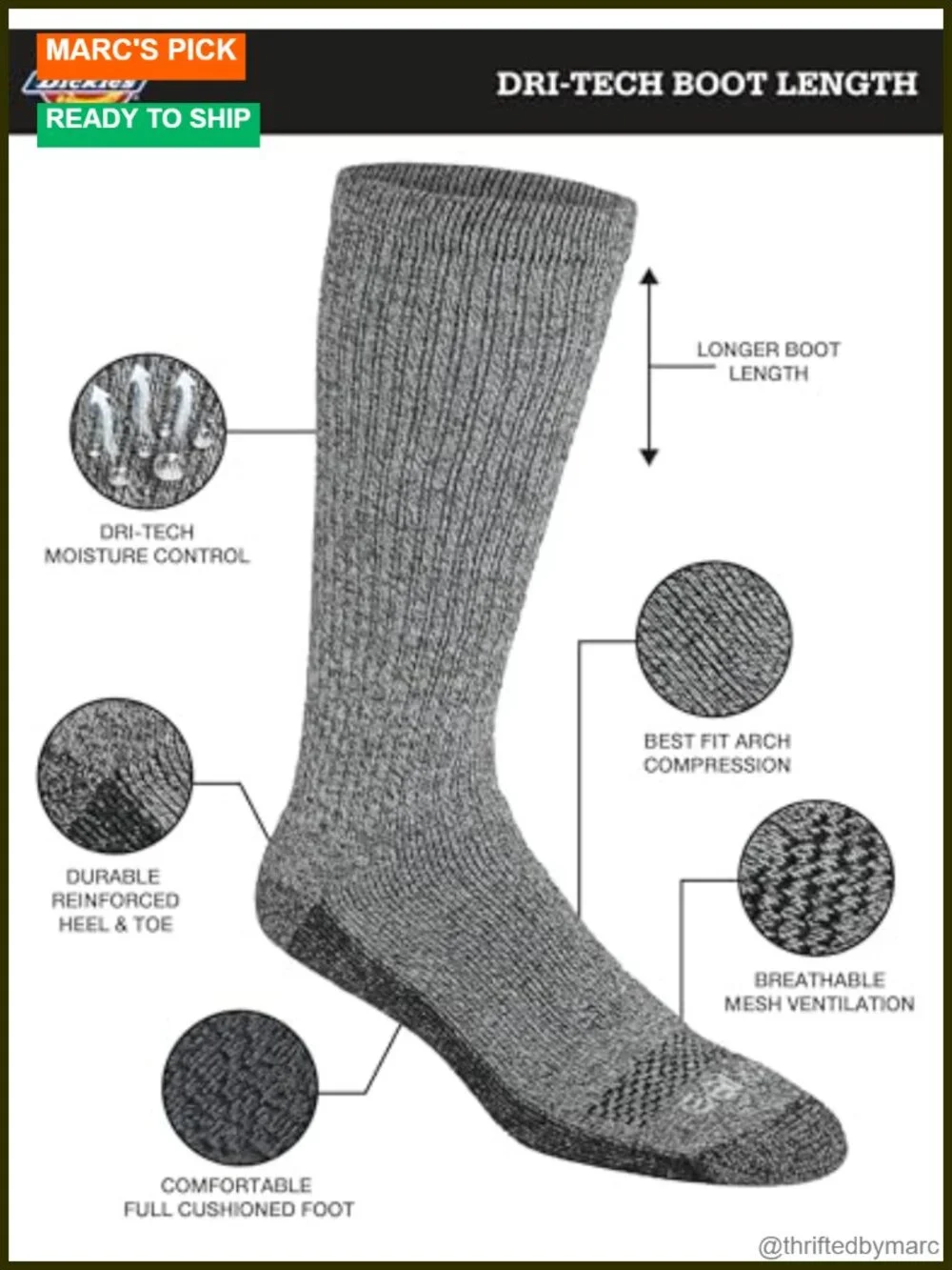Moisture Control Boot-Length Socks, 6 Pairs, L-XL, Arch Support